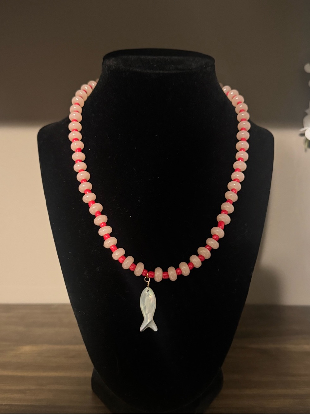 Pink Beaded Necklace with Mother-of-Pearl Fish Charm